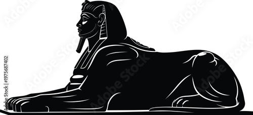 Egyptian Sphinx Silhouette, Black Pharaoh Lion Body Profile with Nemes Headdress, Ancient Monument Cad Drawing Flat Vector Illustration