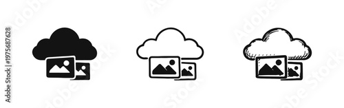 Cloud pictures icon set in three versatile styles: filled, outlined, and scribbled, representing digital image management.