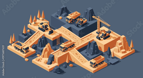 Isometric illustration of a construction site with trucks, excavators, and a crane working in a quarry environment