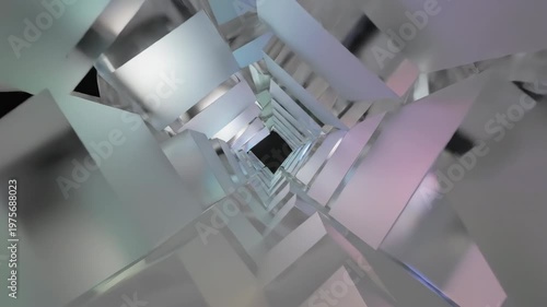 Abstract mirrored geometric tunnel with metallic panels and soft pastel lighting, creating a futuristic 3d corridor background for technology, innovation, and motion graphics projects