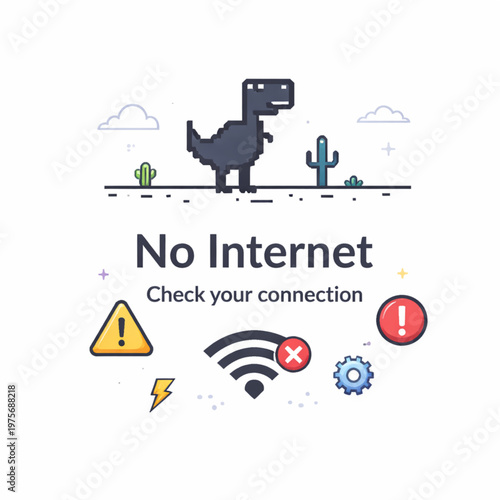 Offline Page Vector Illustration with Pixel Dinosaur and Disconnected WiFi Symbol
