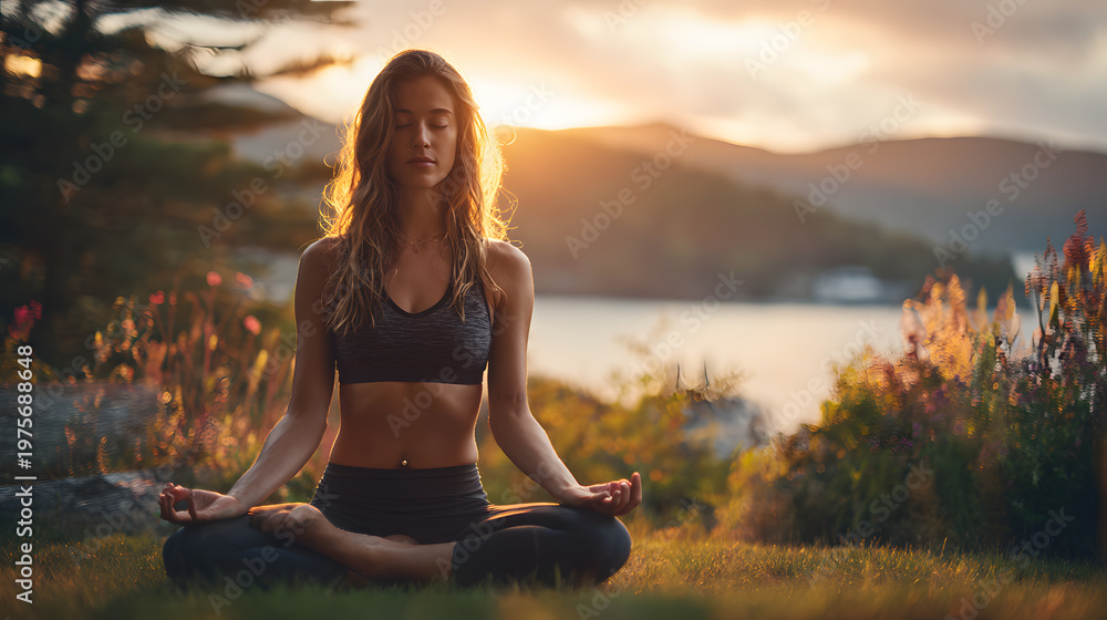 Fototapeta premium Young woman practicing yoga outdoors at golden hour with calm expression and scenic lake mountain background