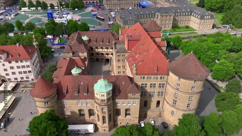 Altes Schloss or Old Castle in Stuttgart on Schillerplatz. Aerial View over Historical City Center of Stuttgart, Germany