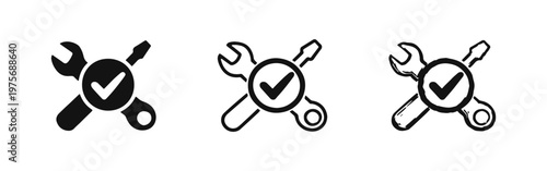 Technical Support and Configuration Complete Icon Set with Tools and Checkmark