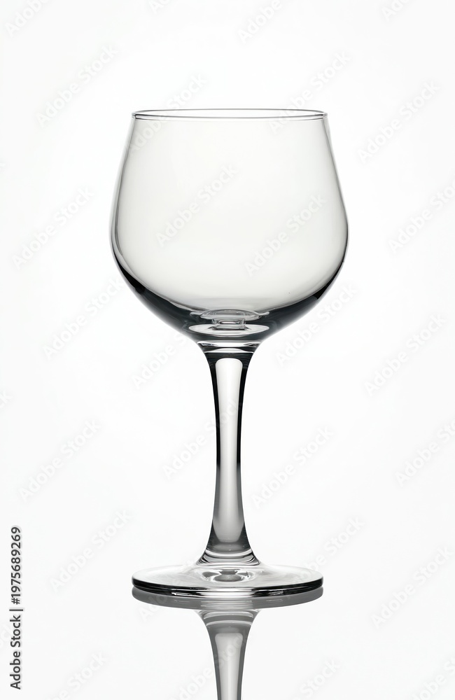 Fototapeta premium Clear wine glass with rounded bowl and slender stem rests on reflective surface against bright white backdrop. Suitable for beverage ads, bar menus, and party invitations.