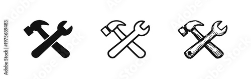 Crossed Hammer and Wrench Icon Set Representing Tools and Home Improvement