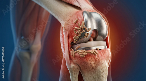 Infected knee joint prosthesis with bacterial biofilm, orthopedic infection concept