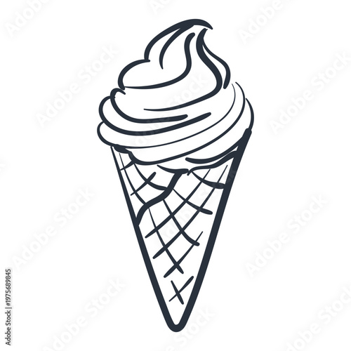 Hand drawn soft serve ice cream in waffle cone. Vector line art illustration of gelato swirl and crispy wafer isolated on white background for cafe or creamery branding.