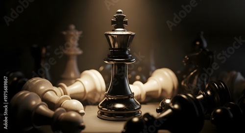 Chess king stands tall in the center of a dark board as fallen pieces lie scattered around the game area.