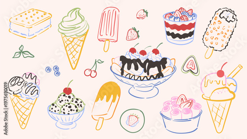 Big set of ice cream and frozen desserts. Vector doodle illustration of sundae, gelato cones, popsicle, ice cream sandwich, and fruit parfaits isolated on background for menu design.