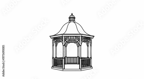 Detailed line art illustration of an octagonal wooden pavilion with a domed roof