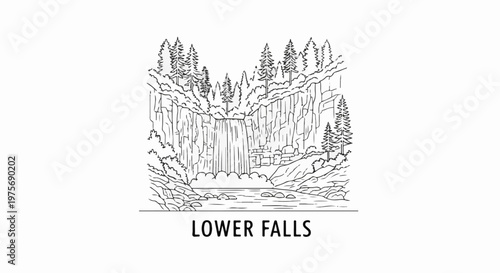 Detailed line art of a waterfall cascading down rocky cliffs surrounded by trees