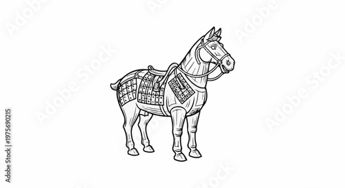 Detailed line art of an ornate, saddled horse, possibly ancient