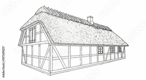 Detailed line art of a traditional timber-framed house with a thatched roof