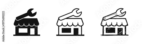 Repair Shop Storefront Icon Set with Wrench for Service Business