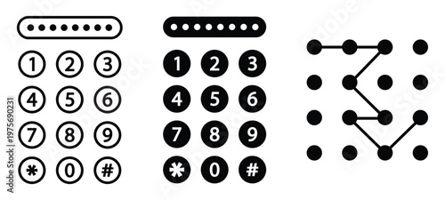 Device security icon set with pin code, password and pattern lock. Secure access icons for devices. User authentication icons. unlock icons.