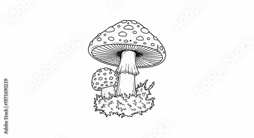 Detailed line art of two speckled mushrooms growing from moss