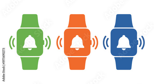 Colorful smartwatches with ringing alarm bells on digital wristbands in vibrant colors for notifications and alerts
