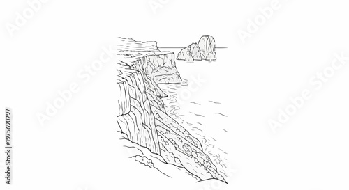 Dramatic coastline with towering cliffs meeting the sea, distant rock formations