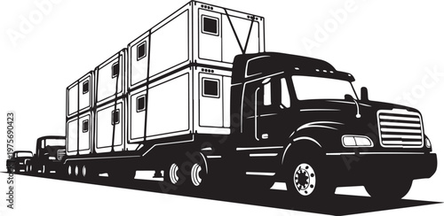 Truck, semi-truck, trailer, shipping, cargo, transport, vector, illustration, black, white