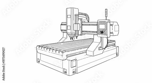 Detailed line drawing of a complex industrial milling machine