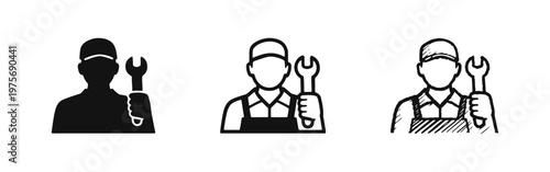 Mechanic Worker Icon Set with Wrench and Cap for Repair Services