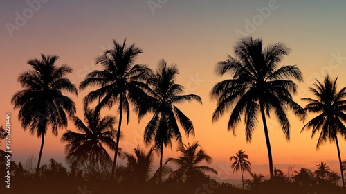 A serene tropical landscape with silhouetted palm trees against a vibrant sunset sky