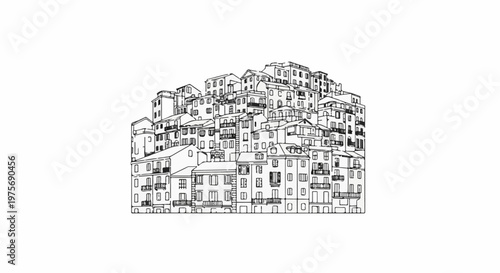 Detailed black and white sketch of densely packed buildings with balconies and windows