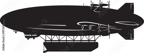 Black zeppelin airship, vector blimp illustration, dirigible silhouette, aircraft icon
