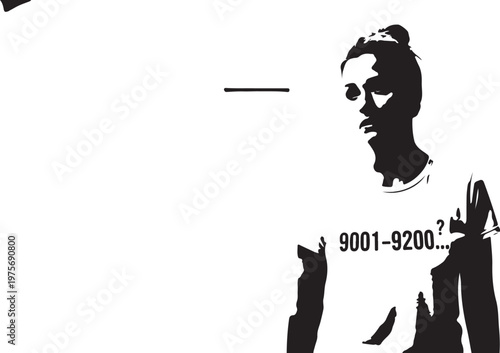 Black silhouette illustration, man profile, cityscape background, numeric range graphic