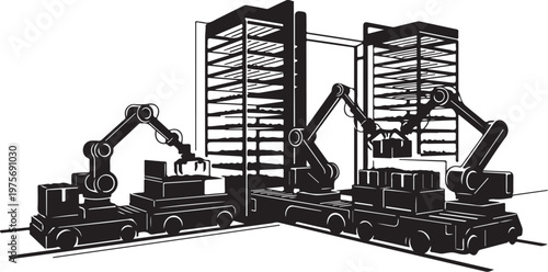 Industrial robots, robotic arms, factory automation, manufacturing machines, black and white illustration