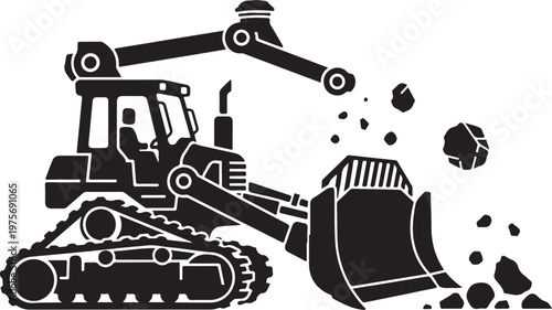 Black excavator, construction equipment, heavy machinery, vector illustration, industrial vehicle