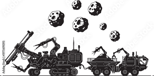 Industrial mining machines, heavy equipment, excavators, trucks, skulls, black and white vector
