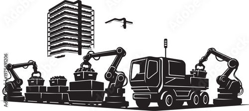 Industrial construction site, robotic excavators, heavy machinery, black and white vector