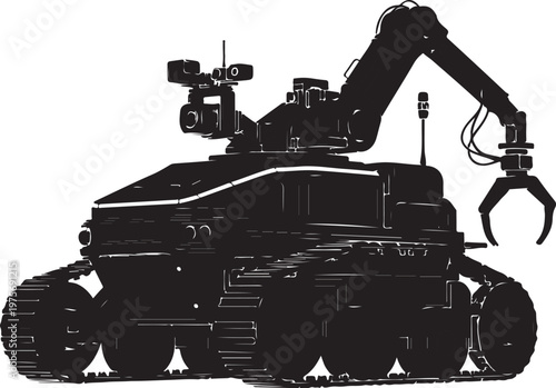 Black robotic tank, industrial robot arm, heavy machinery, construction equipment, vector illustration