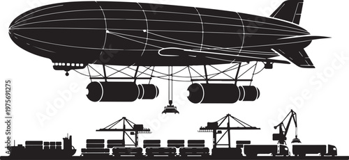 Black blimp airship, industrial port cargo, silhouette vector graphics, transportation icons