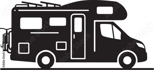 Motorhome, RV, camper van, recreational vehicle, travel trailer, black silhouette, vector icon
