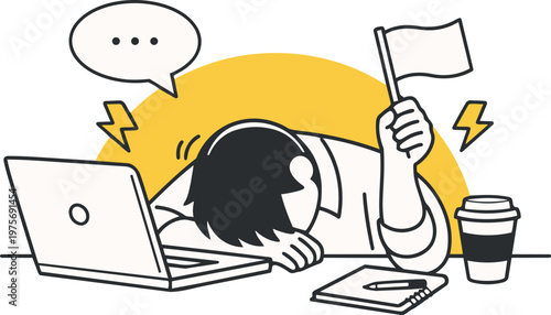 Business deadline pressure concept stressed worker collapsing at desk flat vector illustration.