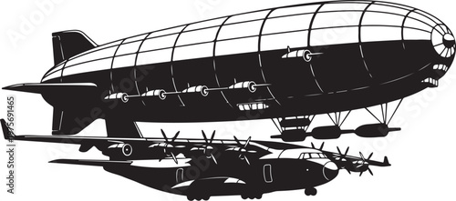 Vintage airships, zeppelins, and military aircraft, black silhouette vector graphics