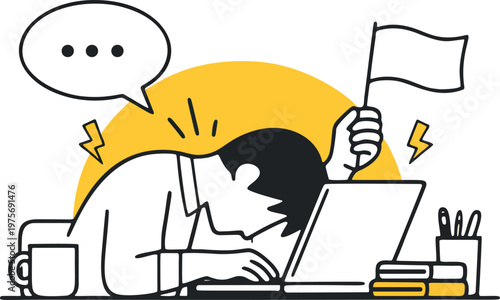Overworked employee feeling stress and burnout at laptop workplace flat vector illustration.