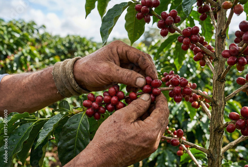 Close-up of farmer hands picking ripe red coffee berries from a green coffee plant branch on a tropical plantation. Fresh harvest concept.