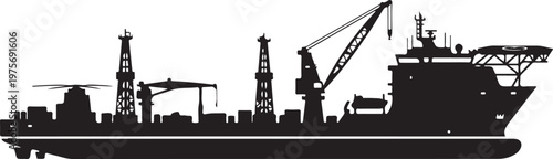 Industrial cargo ship, oil tanker silhouette, black industrial vessel, crane ship vector