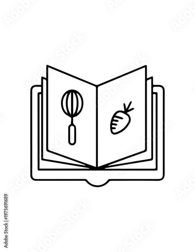 Open cookbook with recipe icons: whisk and carrot illustration. outline graphic of a culinary book for cooking and healthy food preparation cookbook culinary preparation