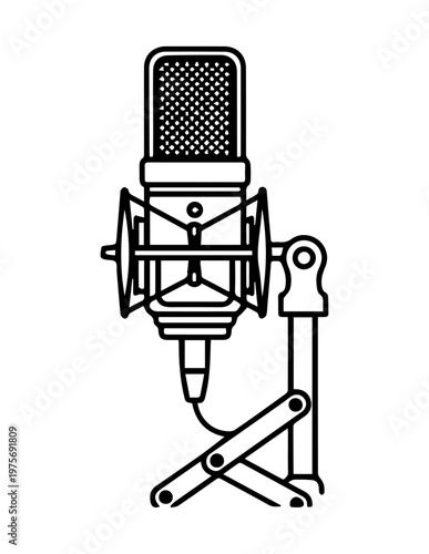 Detailed outline studio condenser microphone icon with shock mount on stand line art pop filter microphone condenser detailed broadcast professional equipment technology