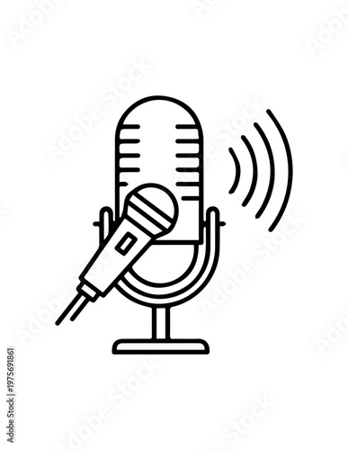 Line art icon featuring studio and handheld microphones with sound waves symbolizing recording and broadcasting microphone recording broadcast communication interview