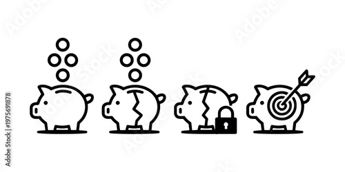 Four piggy banks in a row showing stages of saving and investment with coins lock and target money