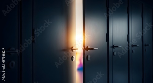Doorway standing slightly ajar reveals a brilliant golden light that spills into the dark corridor, symbolizing new opportunities and the beginning of a fresh professional journey.