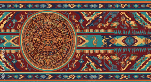 Aztec Calendar Sun Stone Inspired Textile Pattern with Geometric and Tribal Motifs