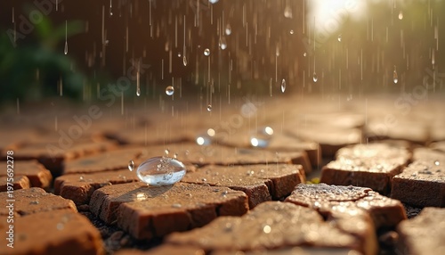Raindrops fall on dry cracked earth and bricks. Water makes arid ground wet, showing nature comeback after drought. Sunlight streams through falling drops.