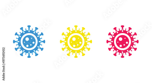 Colorful virus or bacteria icons in blue yellow and pink representing microbiology or health concepts